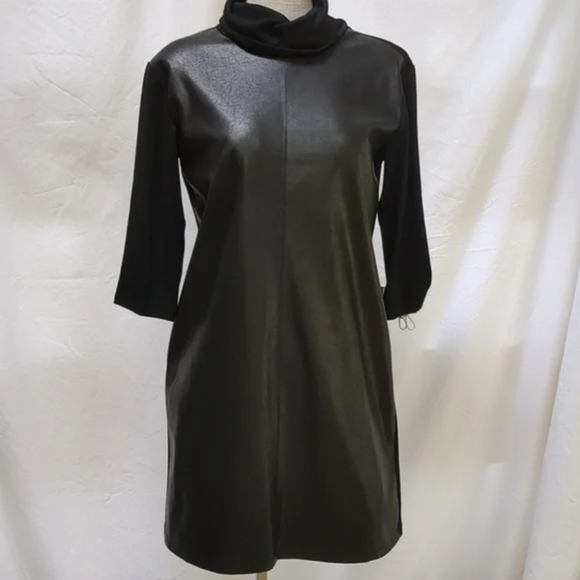 MELISSA NEPTON Dresses & Skirts - Melissa Nepton Black faux leather, cowl neck, 3/4 sleeve Dress size M